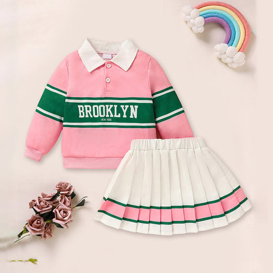 Toddler Girls 2 Piece Outfit Colorblock Letter Graphic Print Sweatshirt And Pleated Skirt Set
