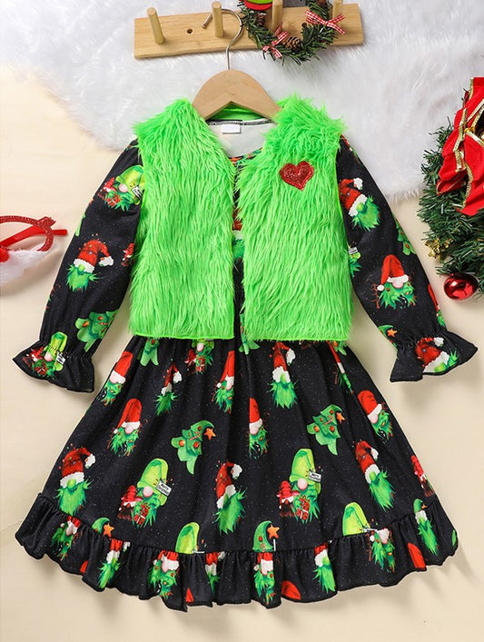 Little Holly Toddler Christmas Outfit Set — Party Dress & Heart Print Vest Coat