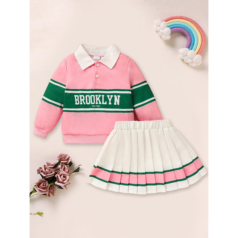 Toddler Girls 2 Piece Outfit Colorblock Letter Graphic Print Sweatshirt And Pleated Skirt Set
