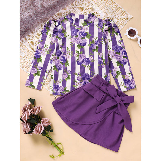 Little Bloom Toddler Outfit — Purple Rose Print Top & Belted Skirt Set